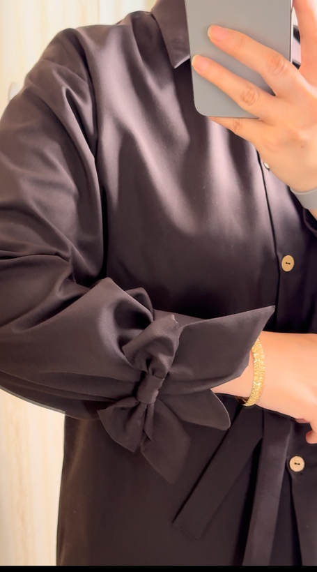 شومیز زنانه پاپیونی جنس داکرون یقه مردانه کمربند دار قد ۷۵ | مریکا
